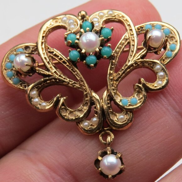 $5600 14k Brooch pin Turquoise Pearl Vintage